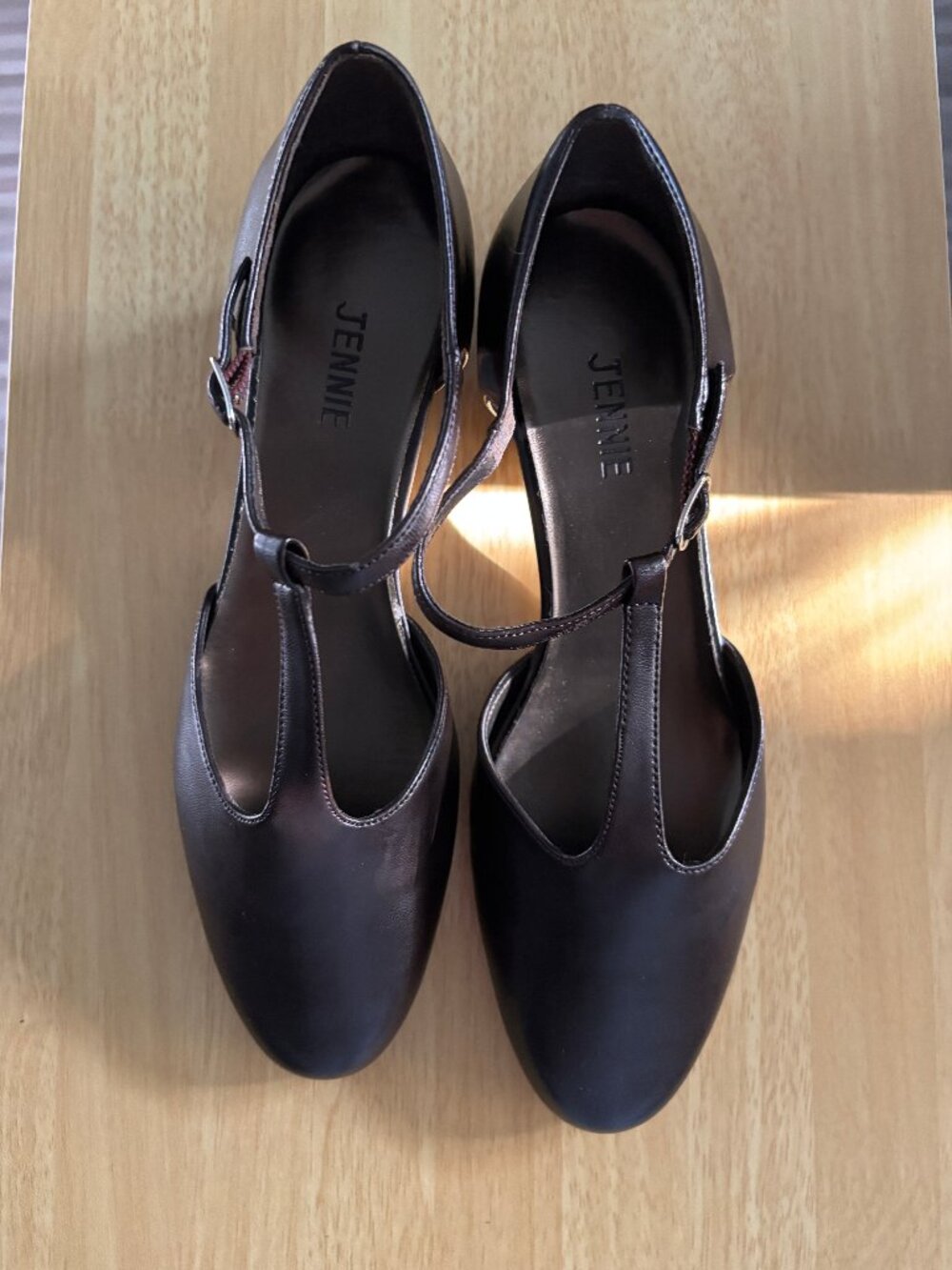 Chocolate brown / dark brown T strap buckle mary janes with a low block heel